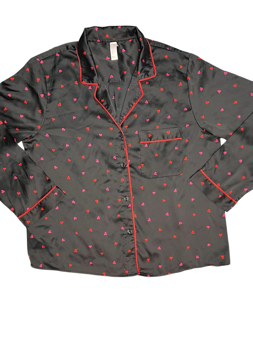 Black Heart-Print Satin Pajama Top with Red Trim
